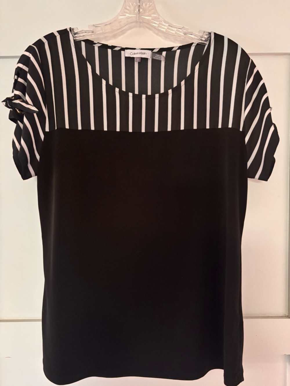 Calvin Klein Black Top with White Striped Yoke and Sleeves